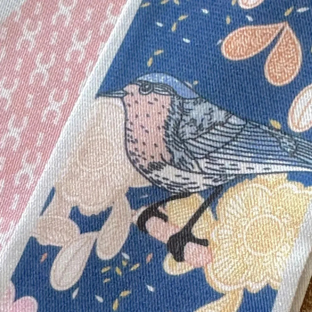 Reversible Blue & Pink Bird & Flower Print Twilly Narrow Tie Scarf - Picture 3 of 4